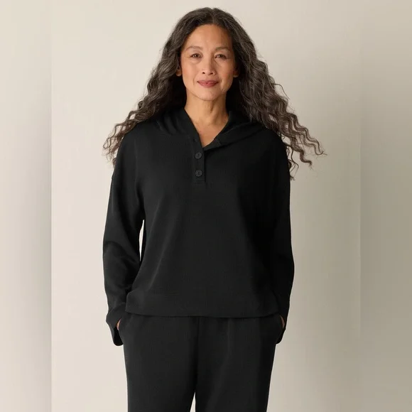 NWT EILEEN FISHER Waffle Cotton Blend Doubleknit Hooded Top - Picture 1 of 10